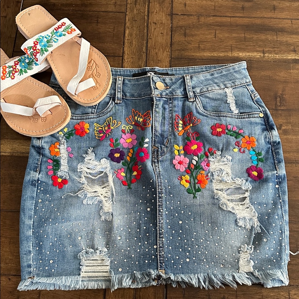 Embroidered Denim Shorts with Floral and Butterfly Design